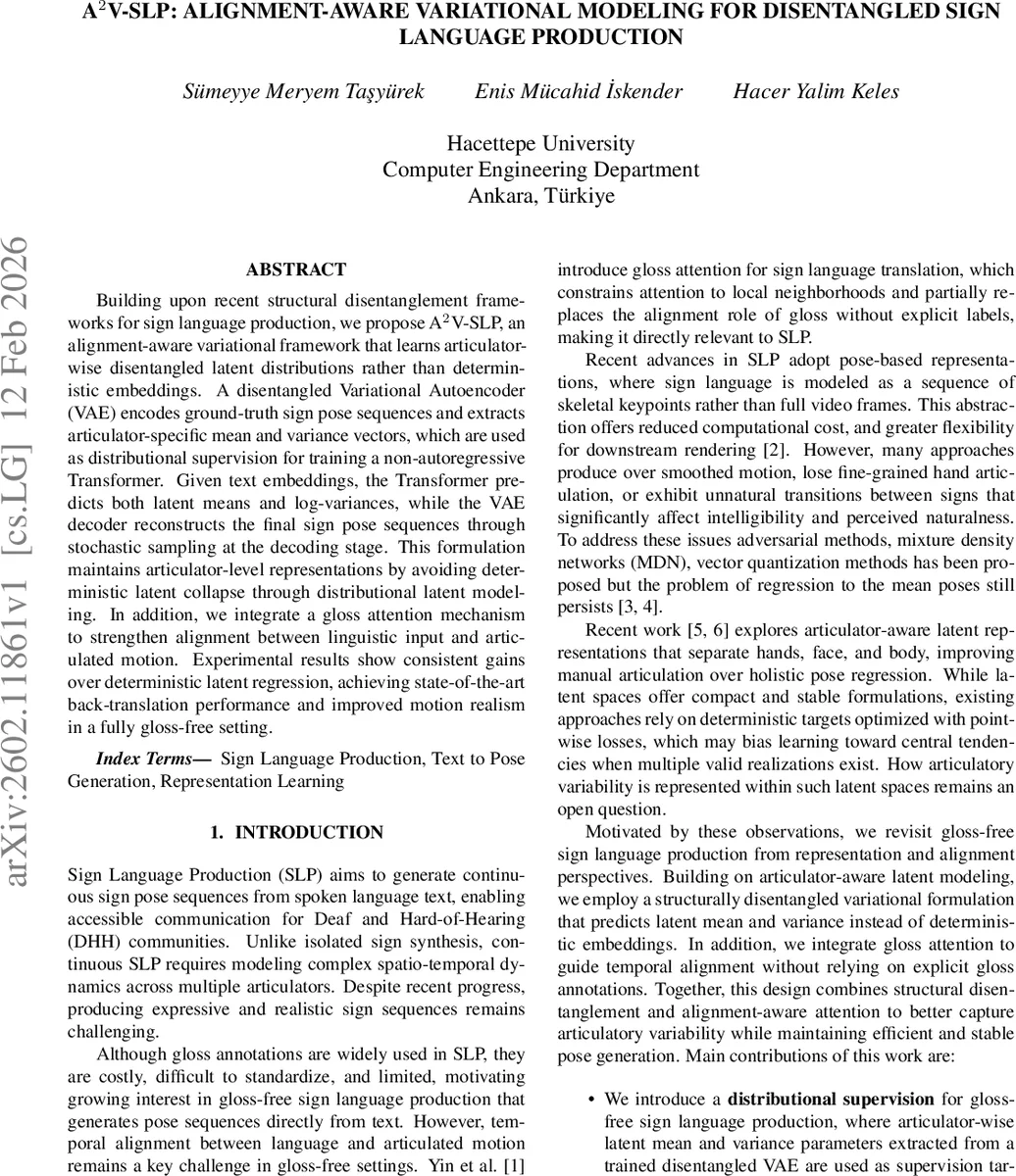 A$^{2}$V-SLP: Alignment-Aware Variational Modeling for Disentangled Sign Language Production