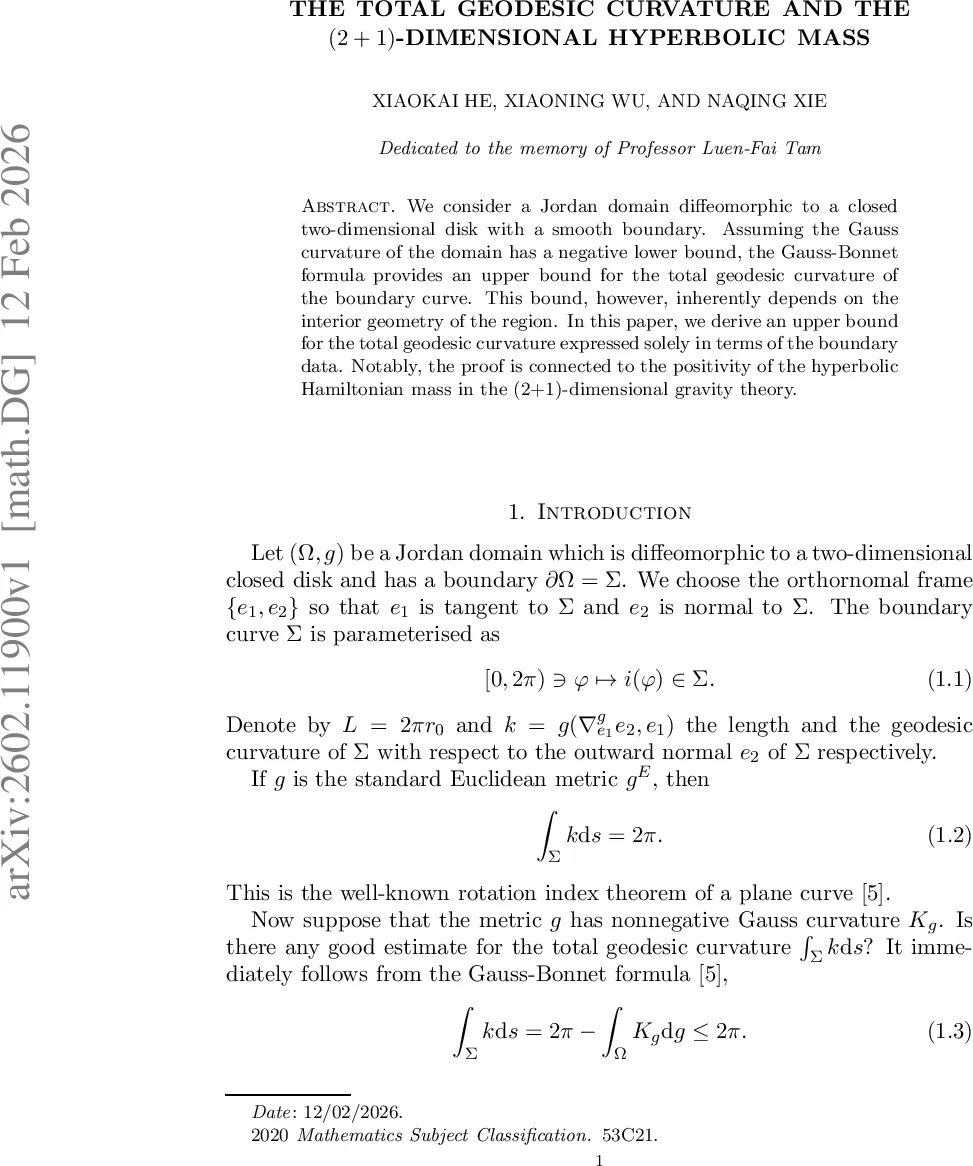 The total geodesic curvature and the $(2+1)$-dimensional hyperbolic mass