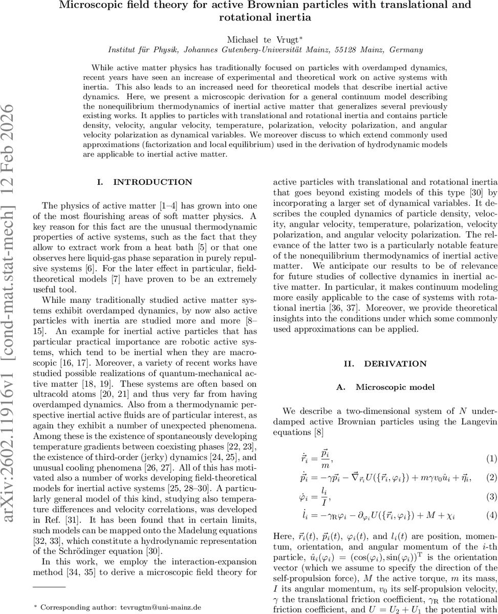 Microscopic field theory for active Brownian particles with translational and rotational inertia