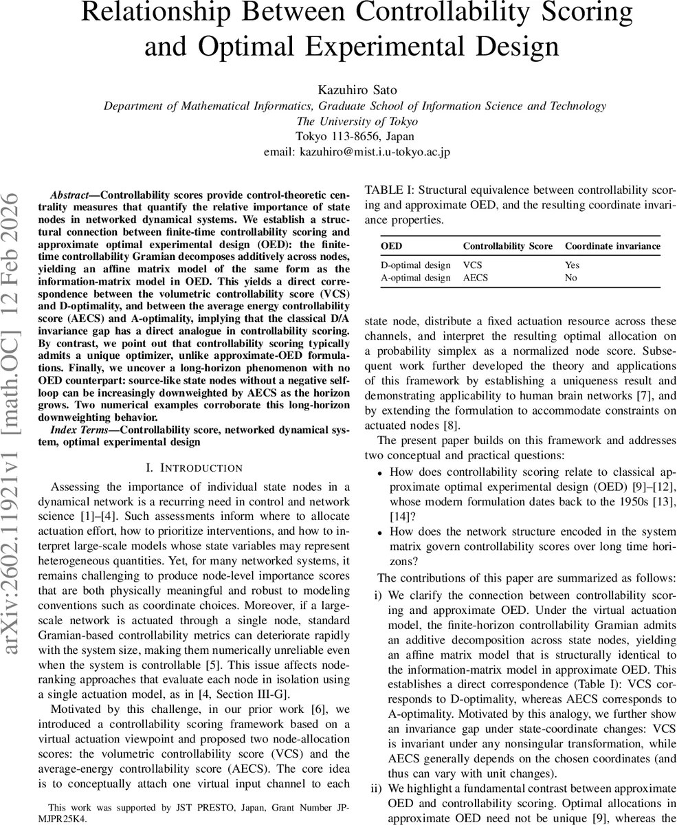Relationship Between Controllability Scoring and Optimal Experimental Design