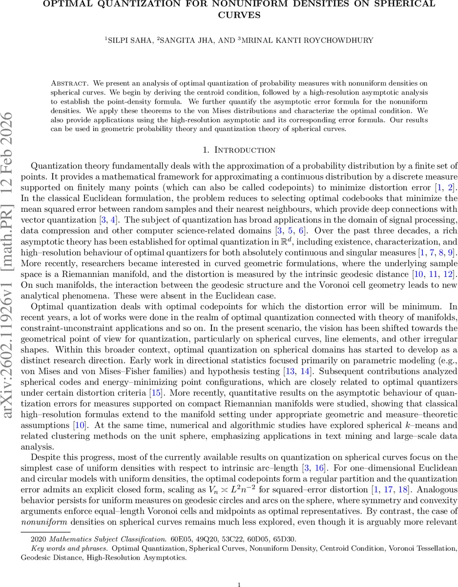 Optimal Quantization for Nonuniform Densities on Spherical Curves