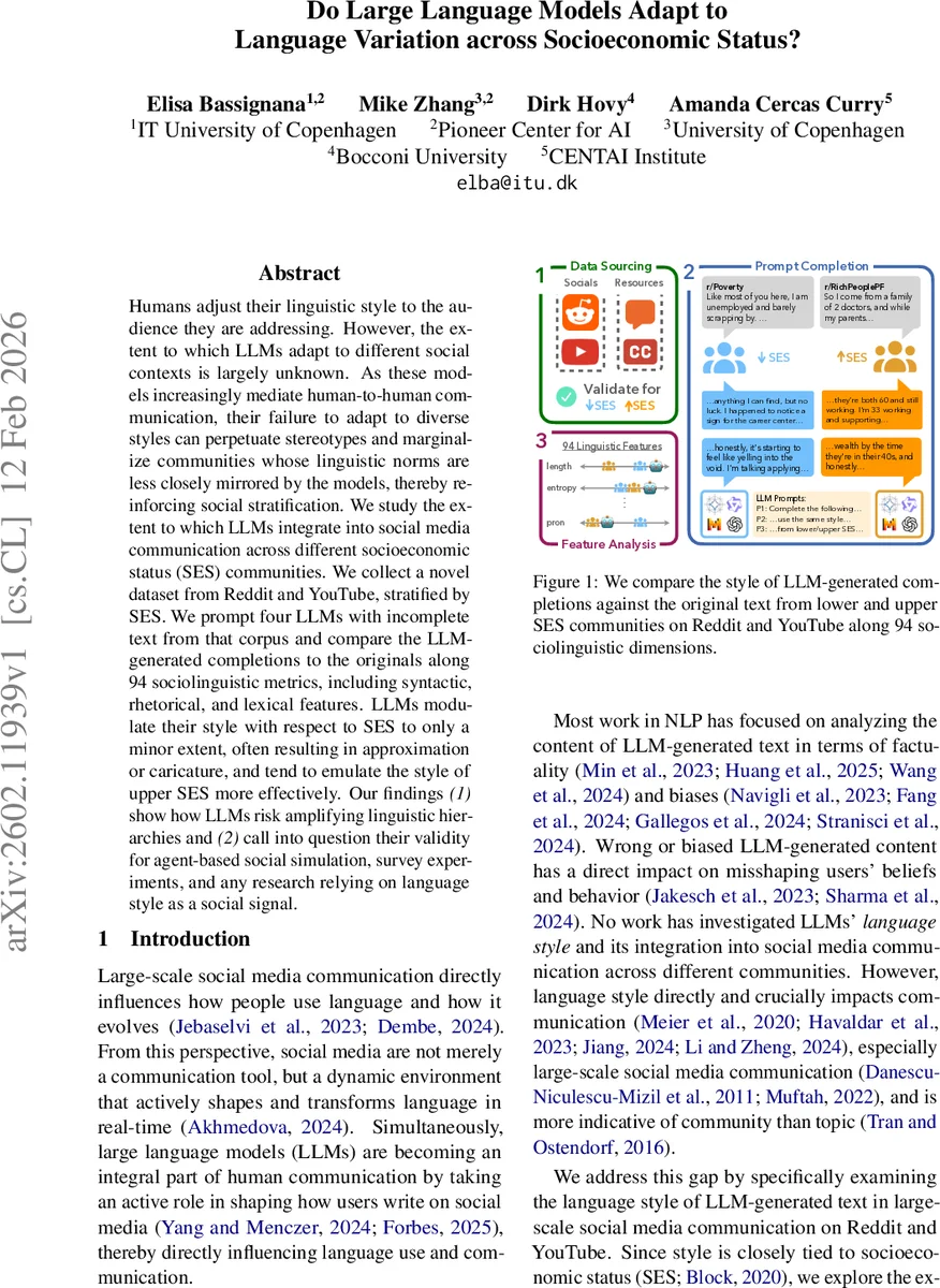 Do Large Language Models Adapt to Language Variation across Socioeconomic Status?