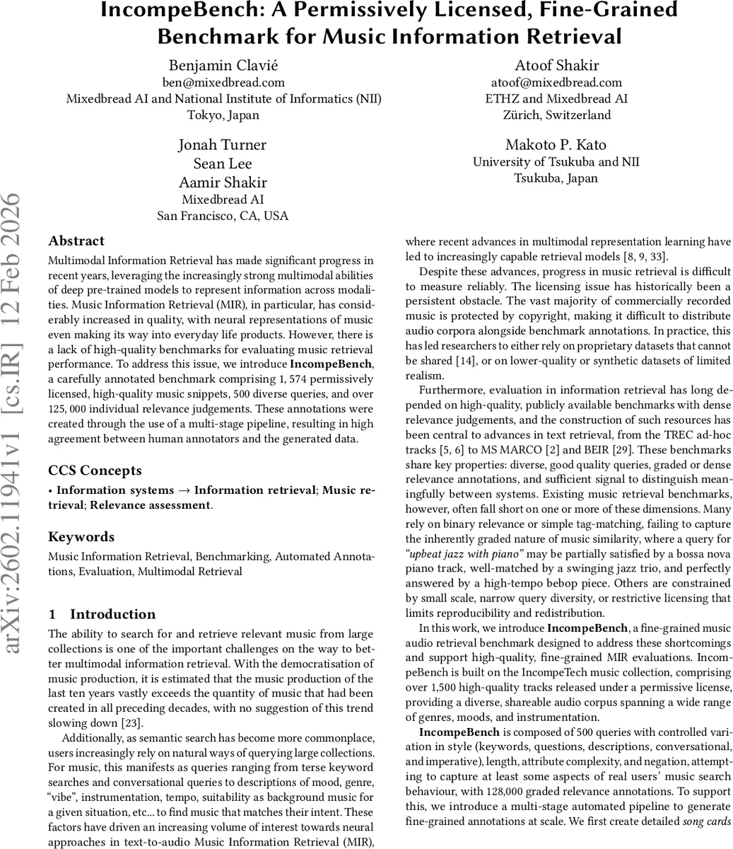 IncompeBench: A Permissively Licensed, Fine-Grained Benchmark for Music Information Retrieval