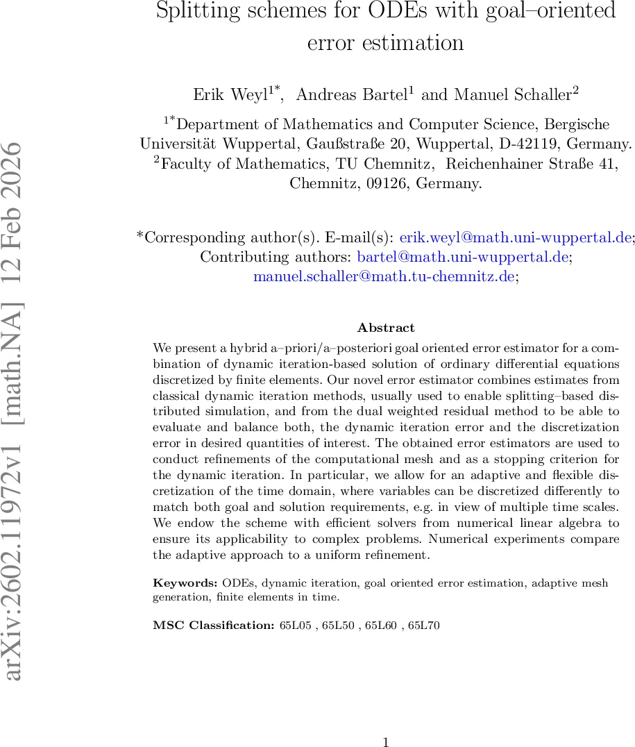 Splitting Schemes for ODEs with Goal-Oriented Error Estimation