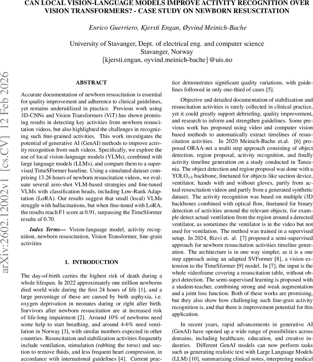 Can Local Vision-Language Models improve Activity Recognition over Vision Transformers? -- Case Study on Newborn Resuscitation