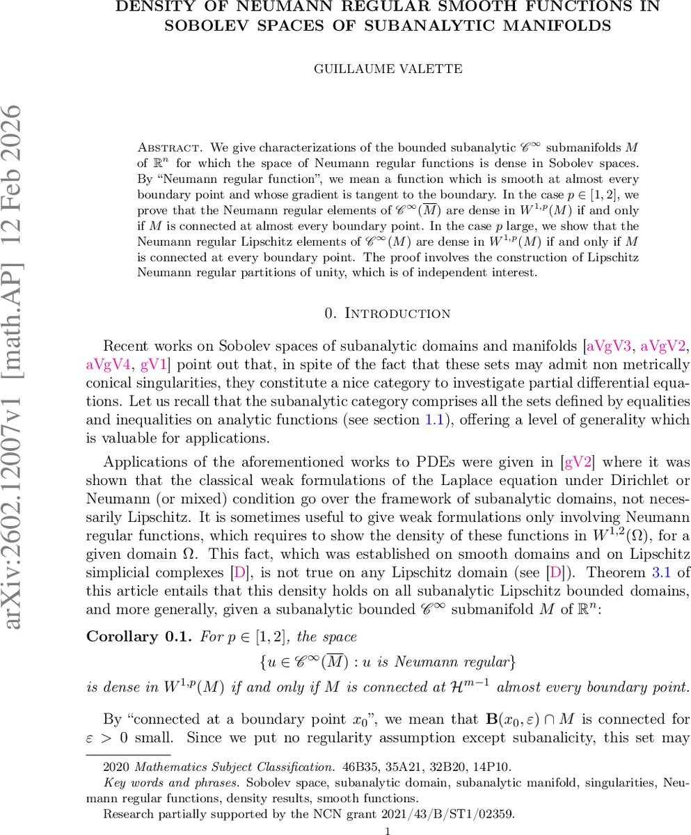 Density of Neumann regular smooth functions in Sobolev spaces of subanalytic manifolds