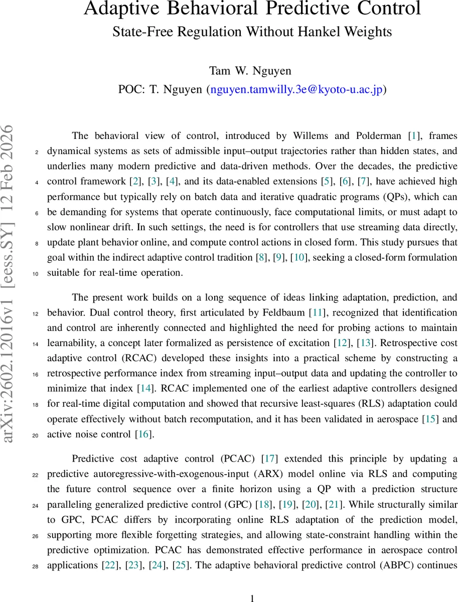 Adaptive Behavioral Predictive Control: State-Free Regulation Without Hankel Weights