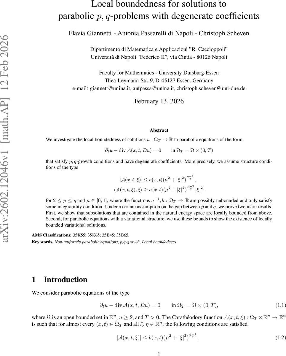 Local boundedness for solutions to parabolic $p,q$-problems with degenerate coefficients