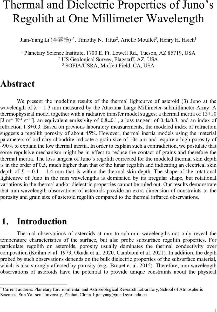 Thermal and Dielectric Properties of Juno's Regolith at One Millimeter Wavelength