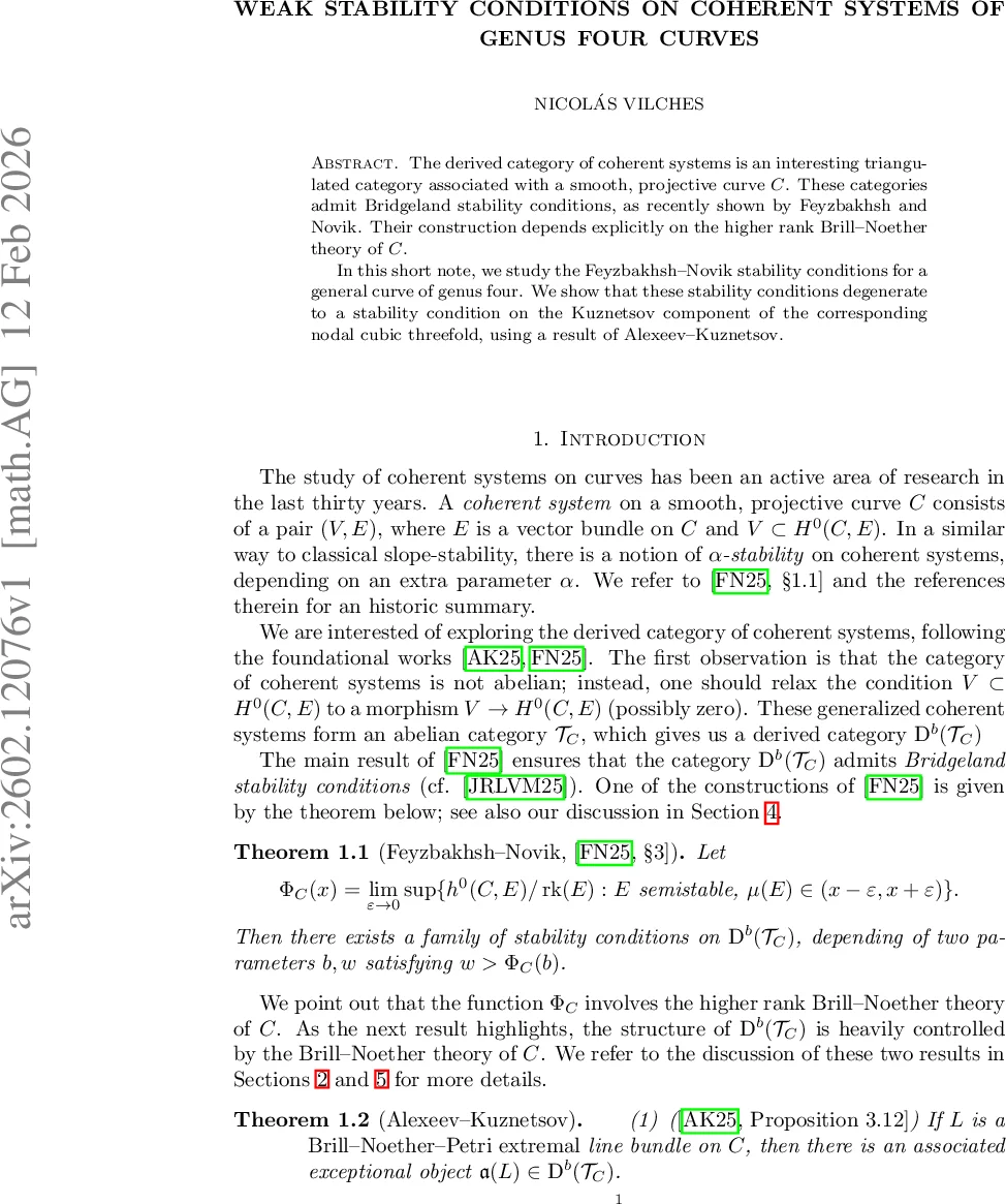 Weak stability conditions on coherent systems of genus four curves
