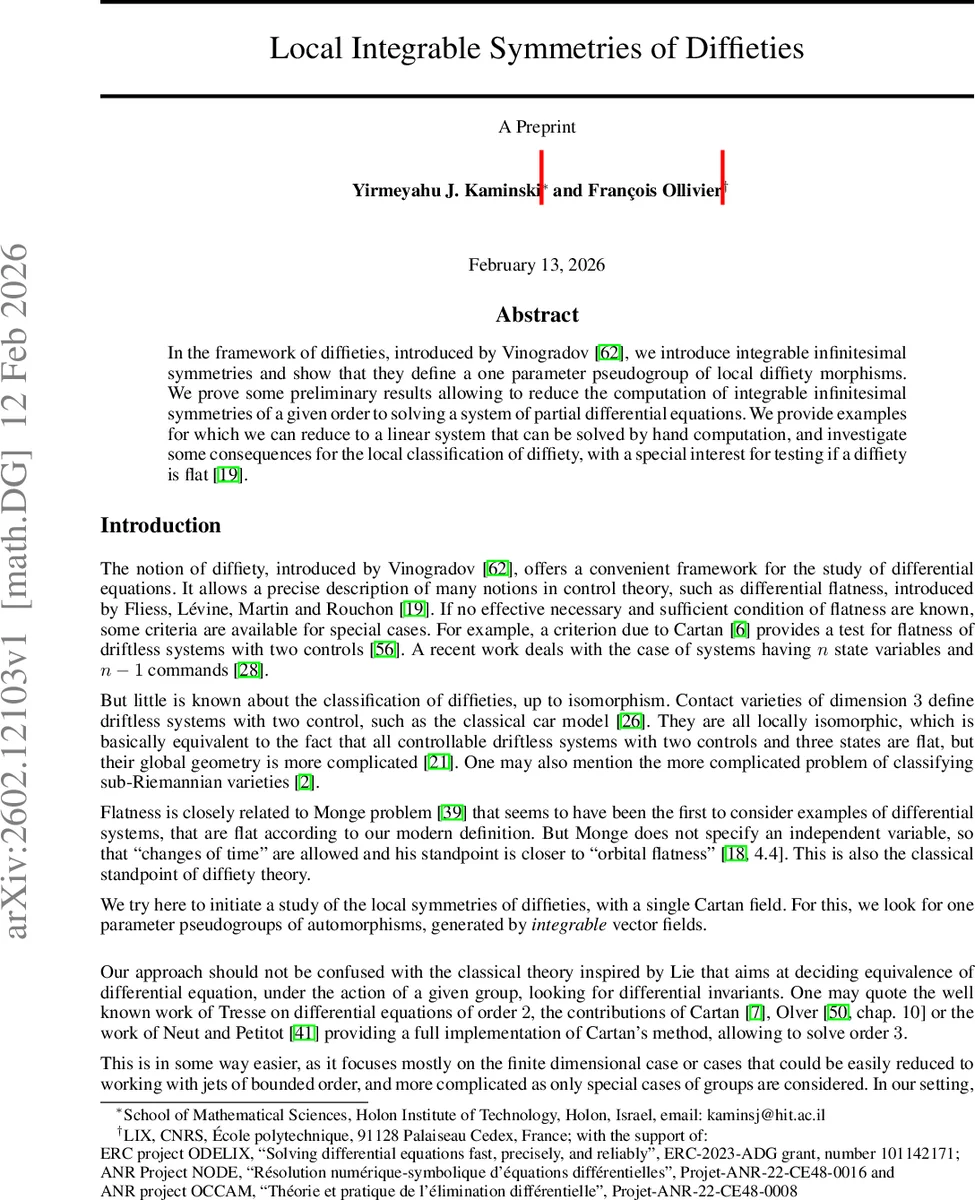 Local Integrable Symmetries of Diffieties