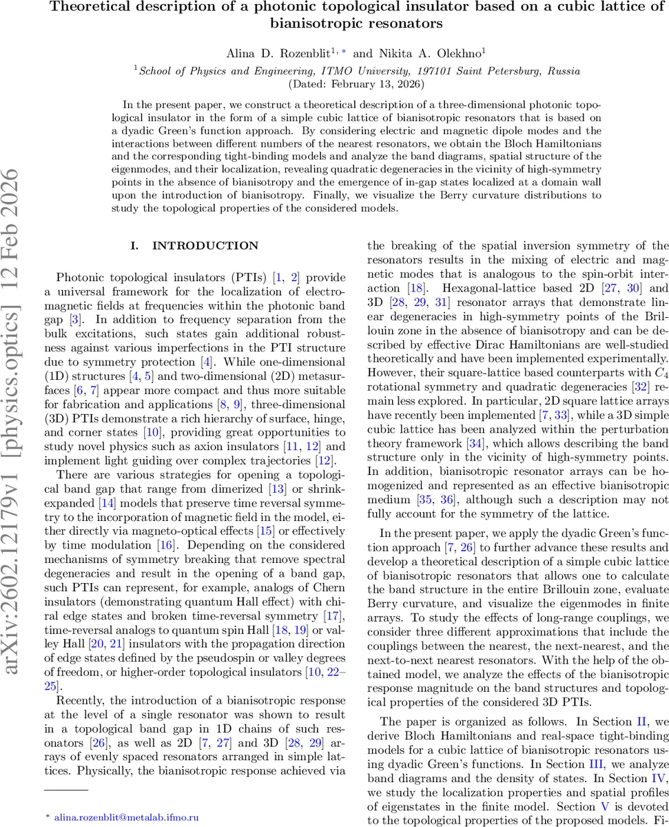 Theoretical description of a photonic topological insulator based on a cubic lattice of bianisotropic resonators