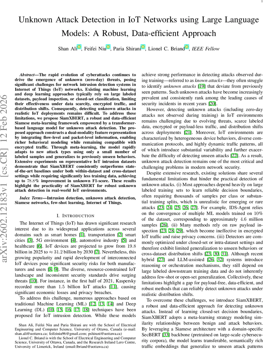 Unknown Attack Detection in IoT Networks using Large Language Models: A Robust, Data-efficient Approach