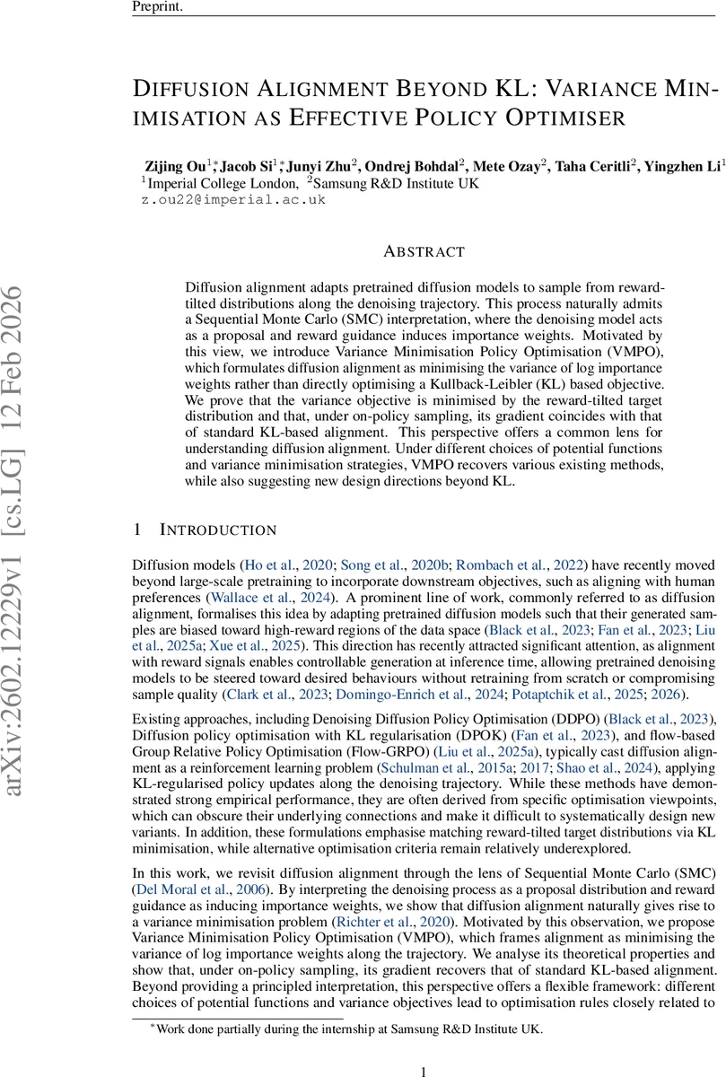 Diffusion Alignment Beyond KL: Variance Minimisation as Effective Policy Optimiser