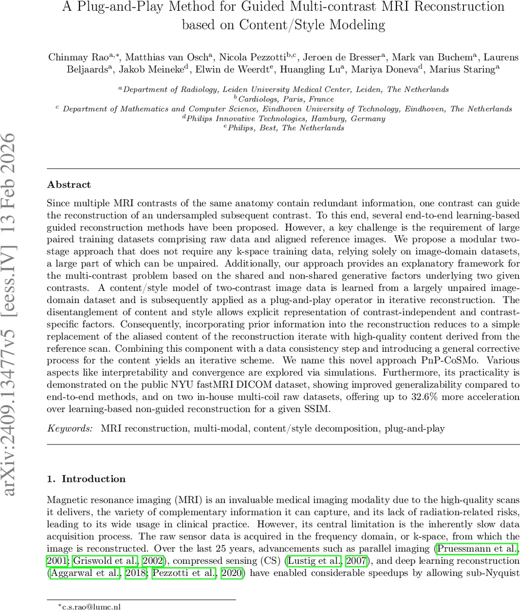A Plug-and-Play Method for Guided Multi-contrast MRI Reconstruction based on Content/Style Modeling