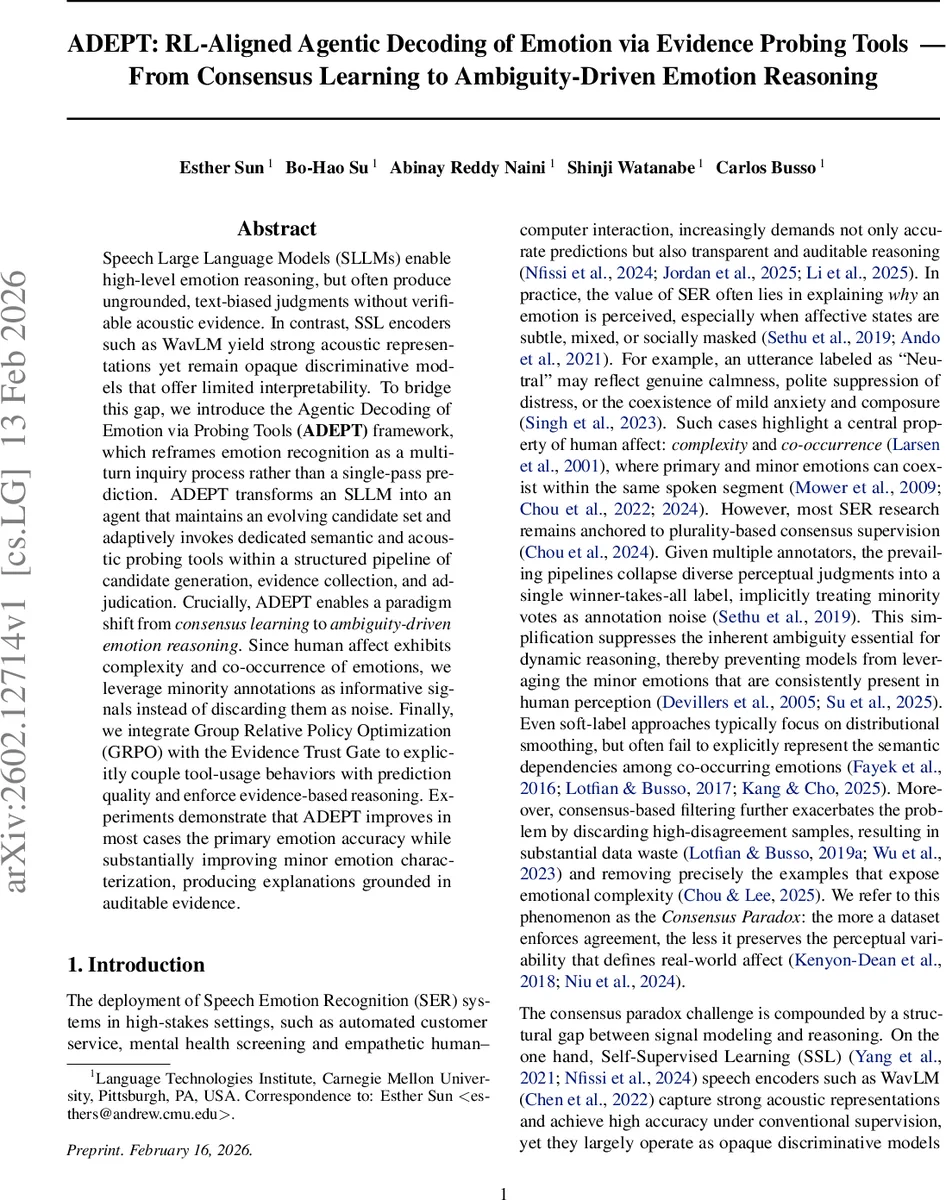 ADEPT: RL-Aligned Agentic Decoding of Emotion via Evidence Probing Tools -- From Consensus Learning to Ambiguity-Driven Emotion Reasoning