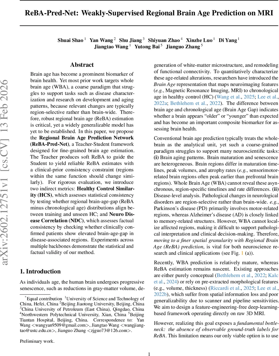 ReBA-Pred-Net: Weakly-Supervised Regional Brain Age Prediction on MRI