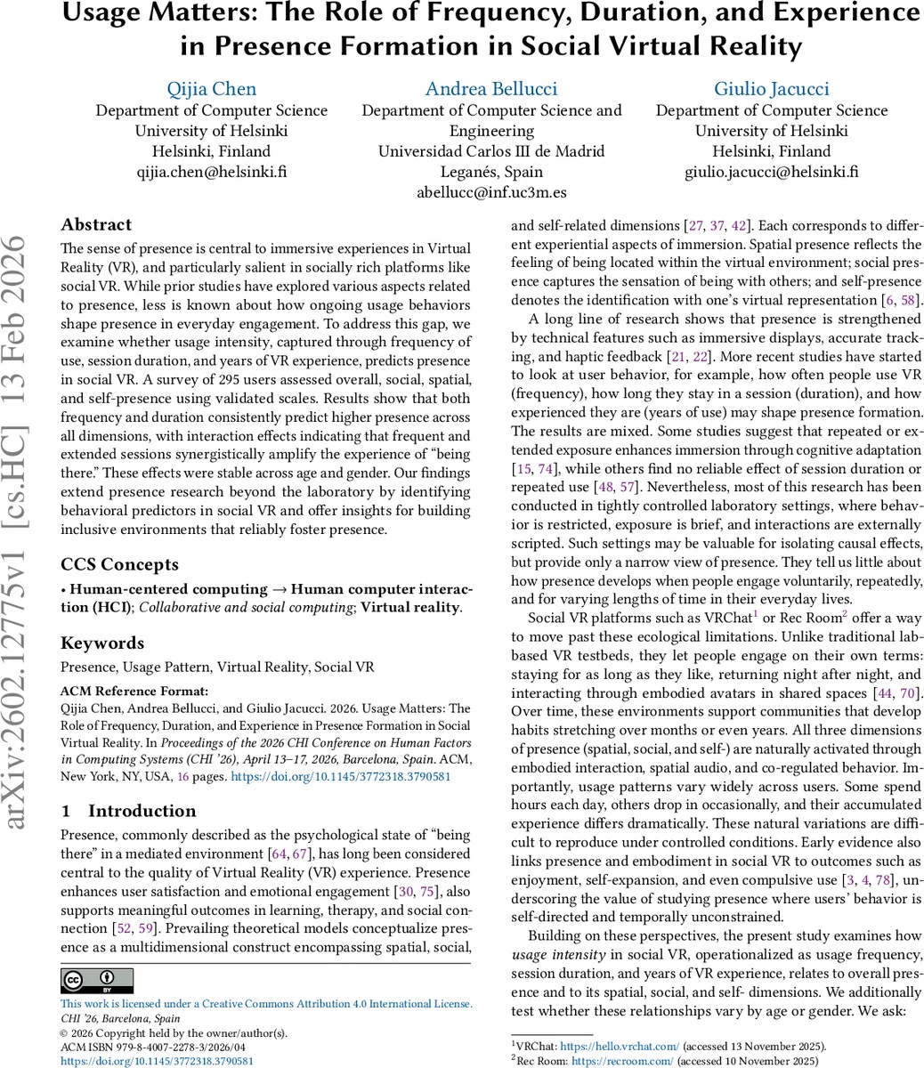 Usage Matters: The Role of Frequency, Duration, and Experience in Presence Formation in Social Virtual Reality