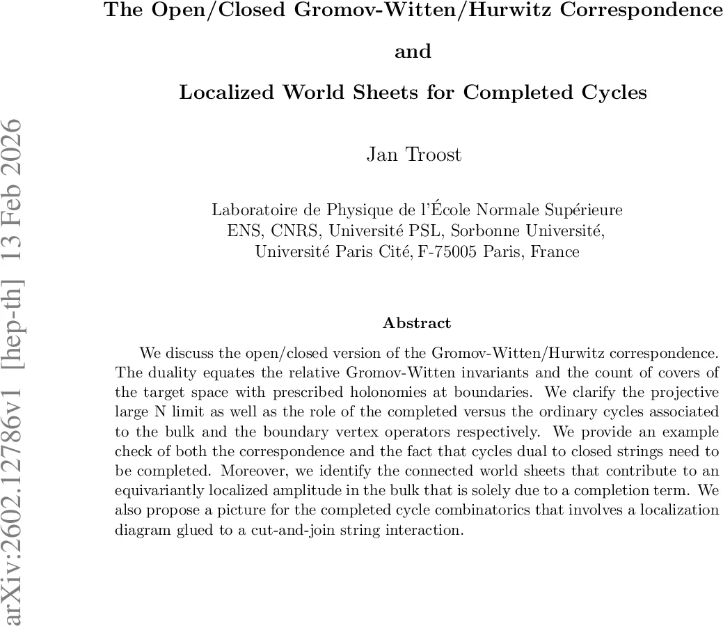 The Open/Closed Gromov-Witten/Hurwitz Correspondence and Localized World Sheets for Completed Cycles