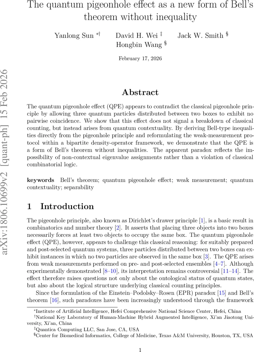 The quantum pigeonhole effect as a new form of Bell's theorem without inequality