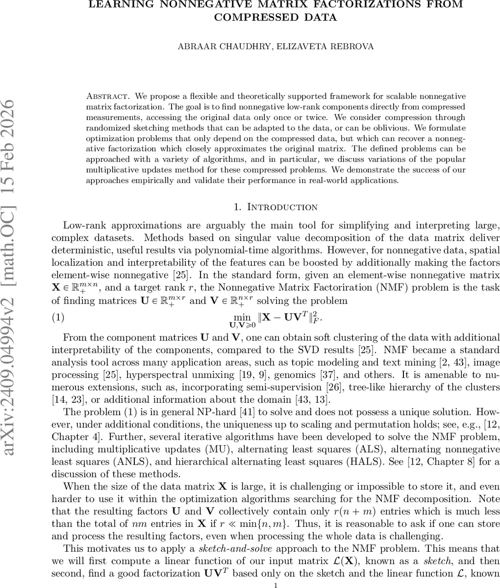 Learning nonnegative matrix factorizations from compressed data