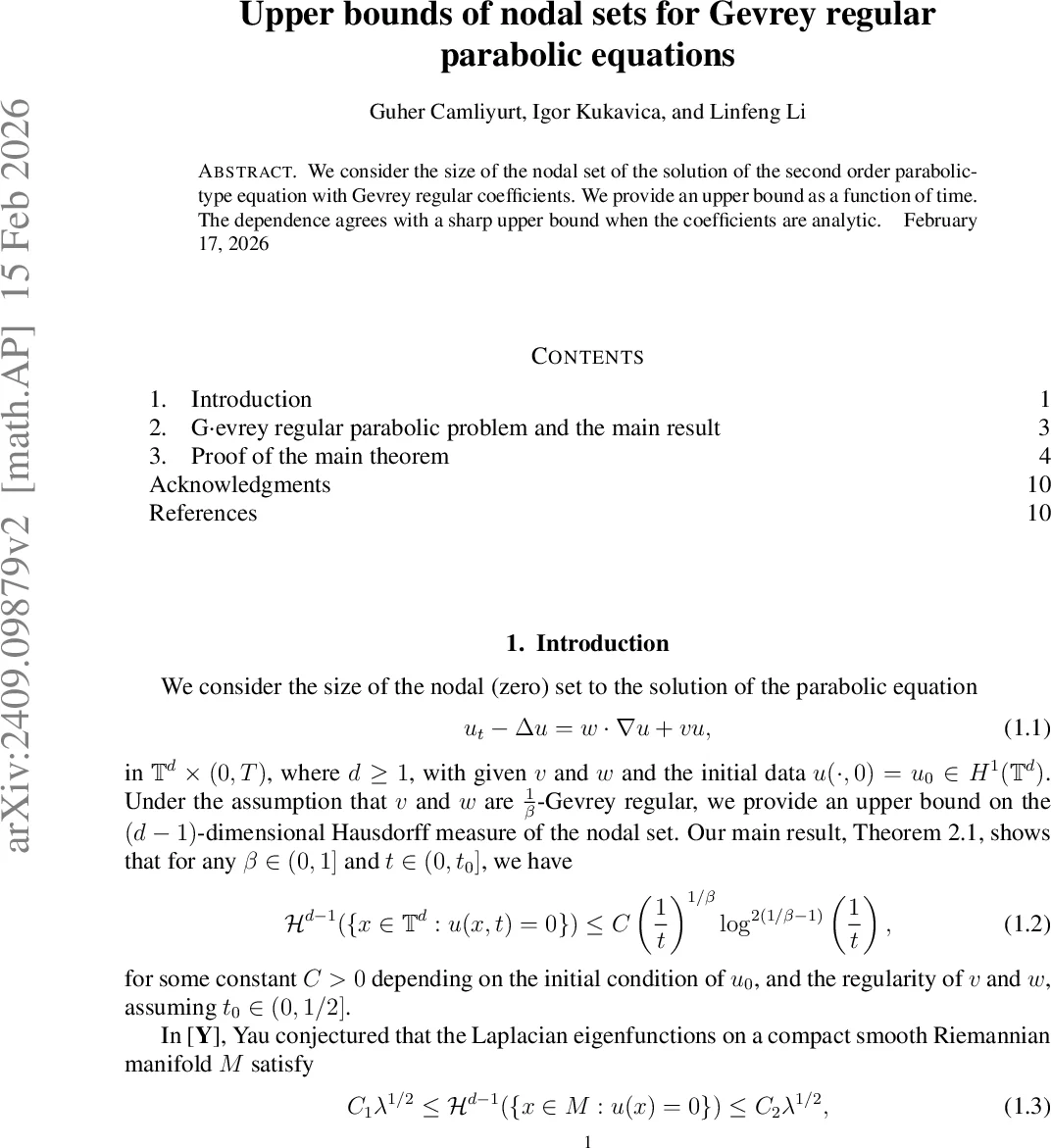 Upper bounds of nodal sets for Gevrey regular parabolic equations