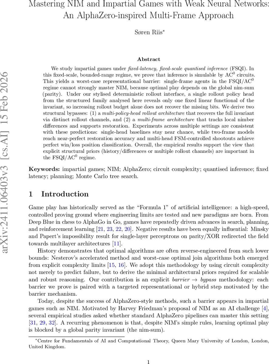 Mastering NIM and Impartial Games with Weak Neural Networks: An AlphaZero-inspired Multi-Frame Approach