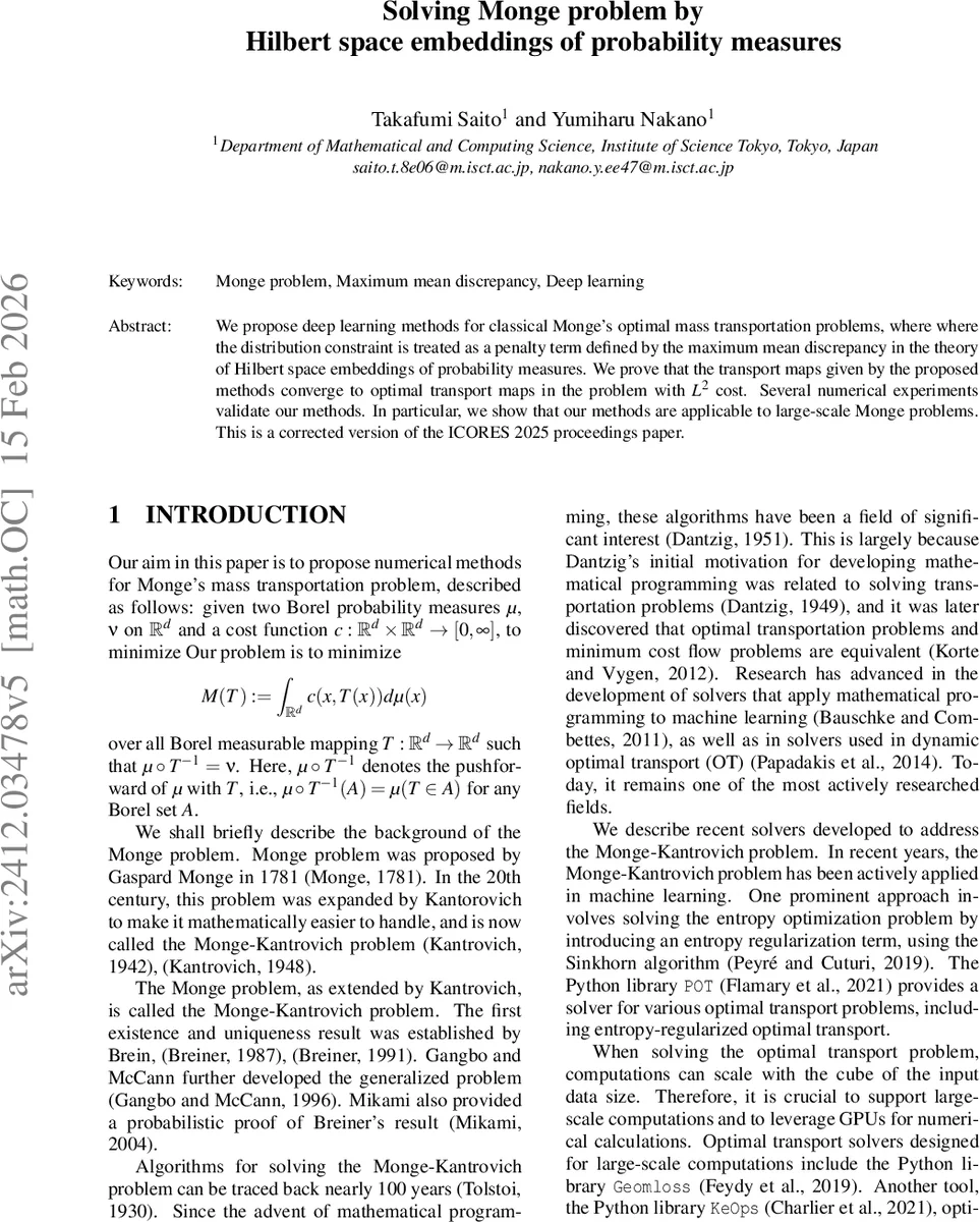 Solving Monge problem by Hilbert space embeddings of probability measures