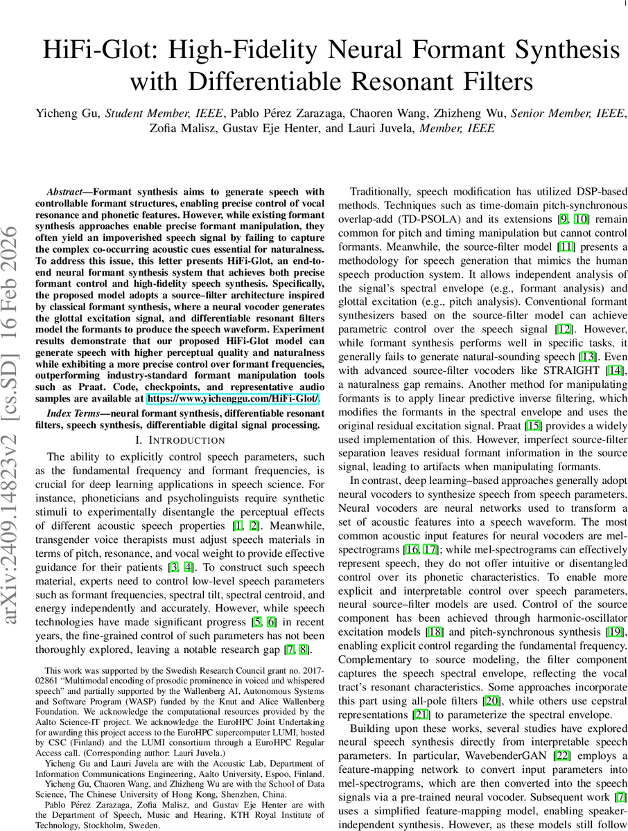 HiFi-Glot: High-Fidelity Neural Formant Synthesis with Differentiable Resonant Filters