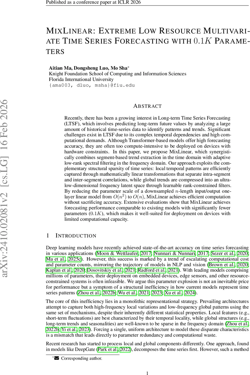 MixLinear: Extreme Low Resource Multivariate Time Series Forecasting with 0.1K Parameters
