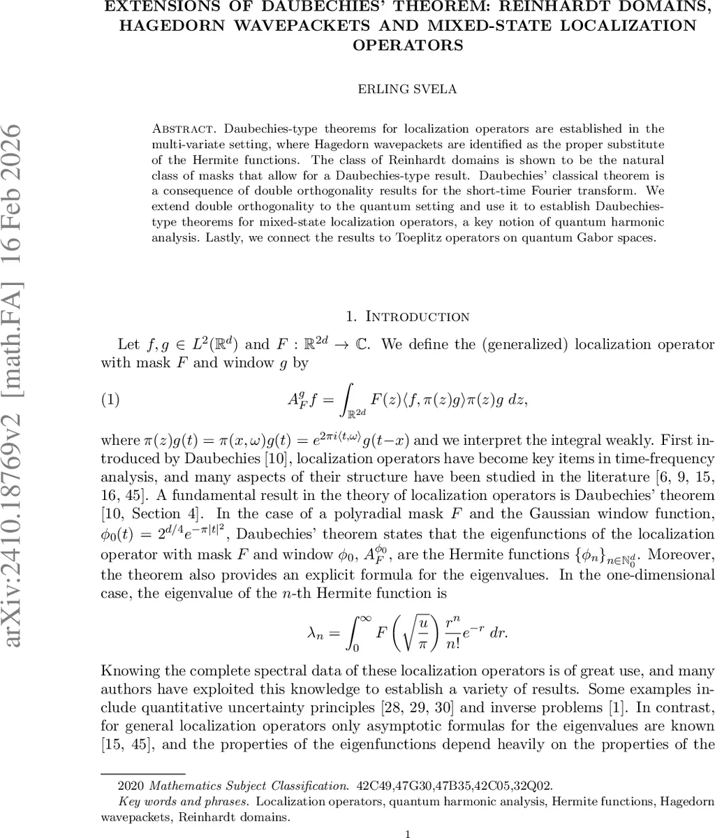 Extensions of Daubechies' theorem: Reinhardt domains, Hagedorn wavepackets and mixed-state localization operators