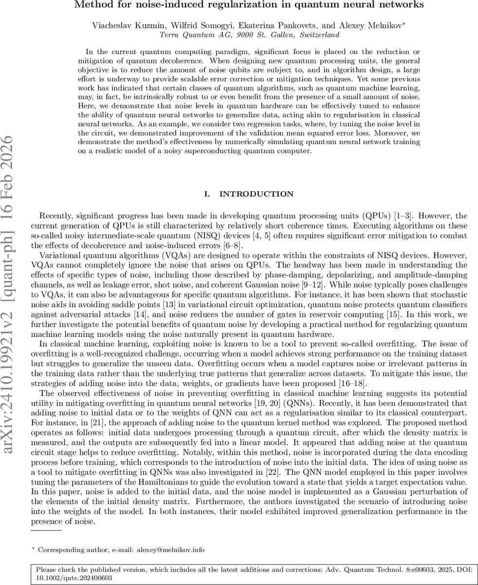 Method for noise-induced regularization in quantum neural networks