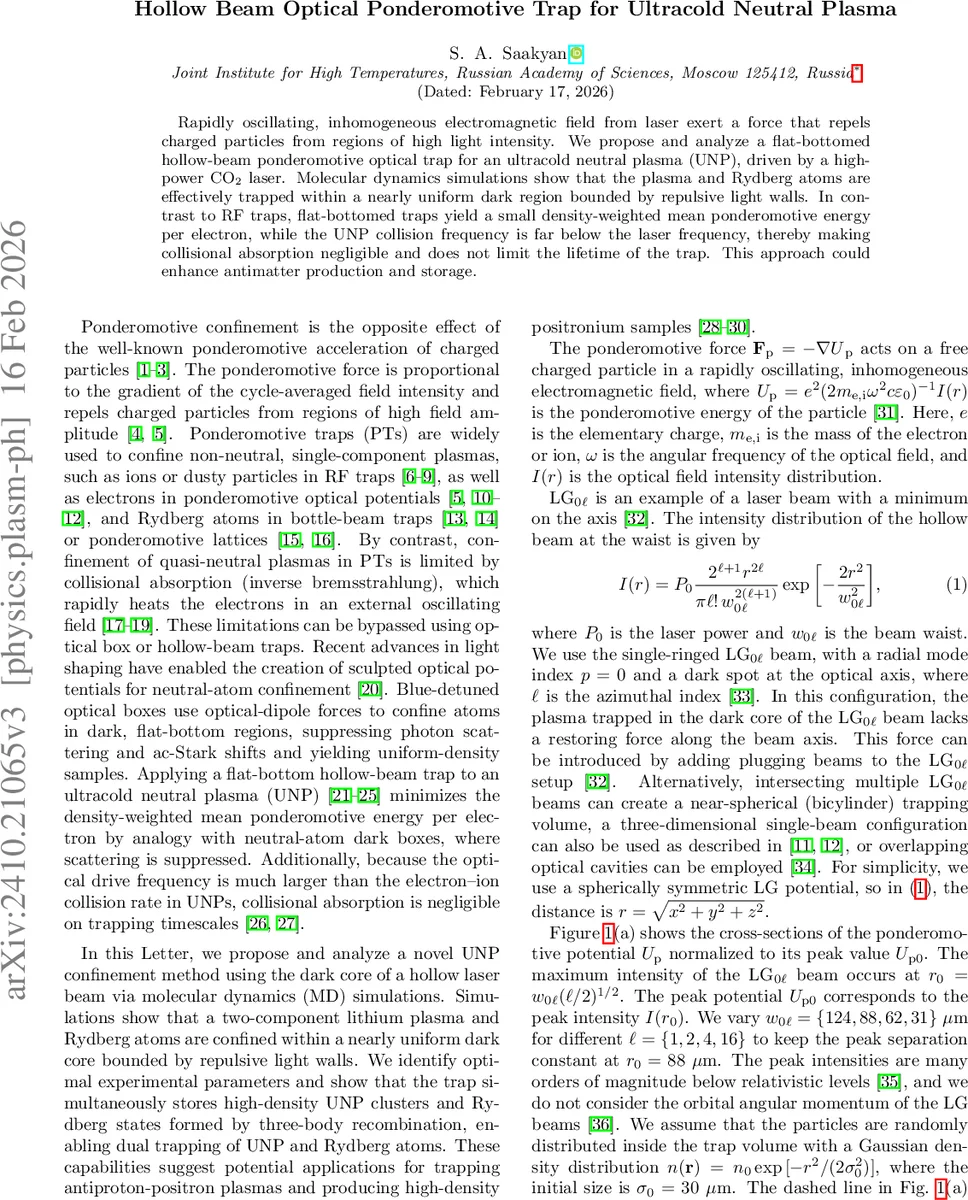 Hollow Beam Optical Ponderomotive Trap for Ultracold Neutral Plasma
