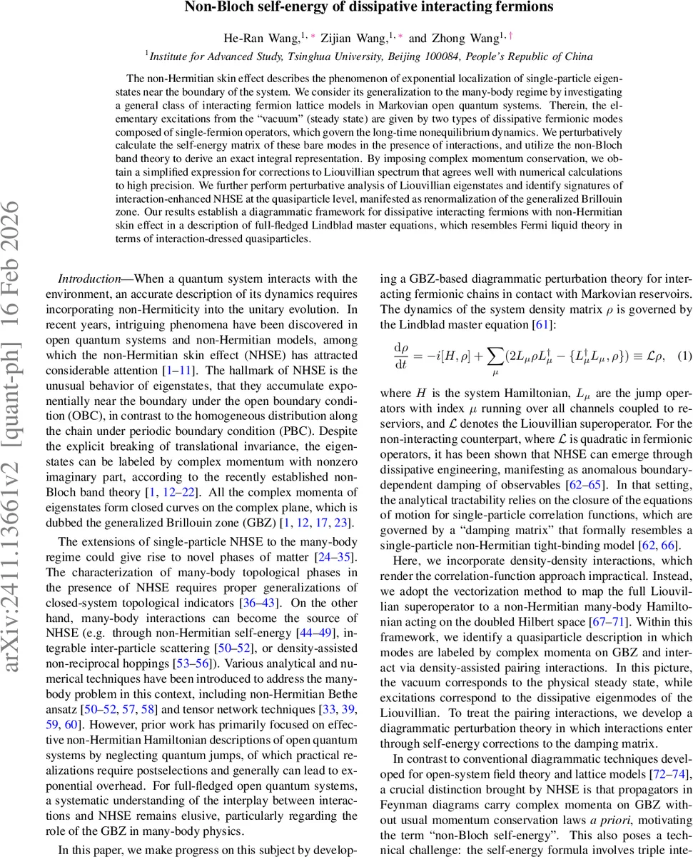 Non-Bloch self-energy of dissipative interacting fermions