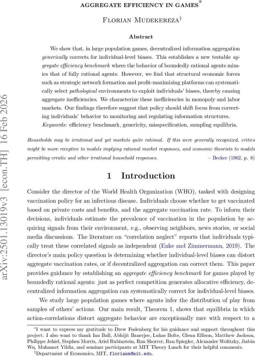 Aggregate Efficiency in Games