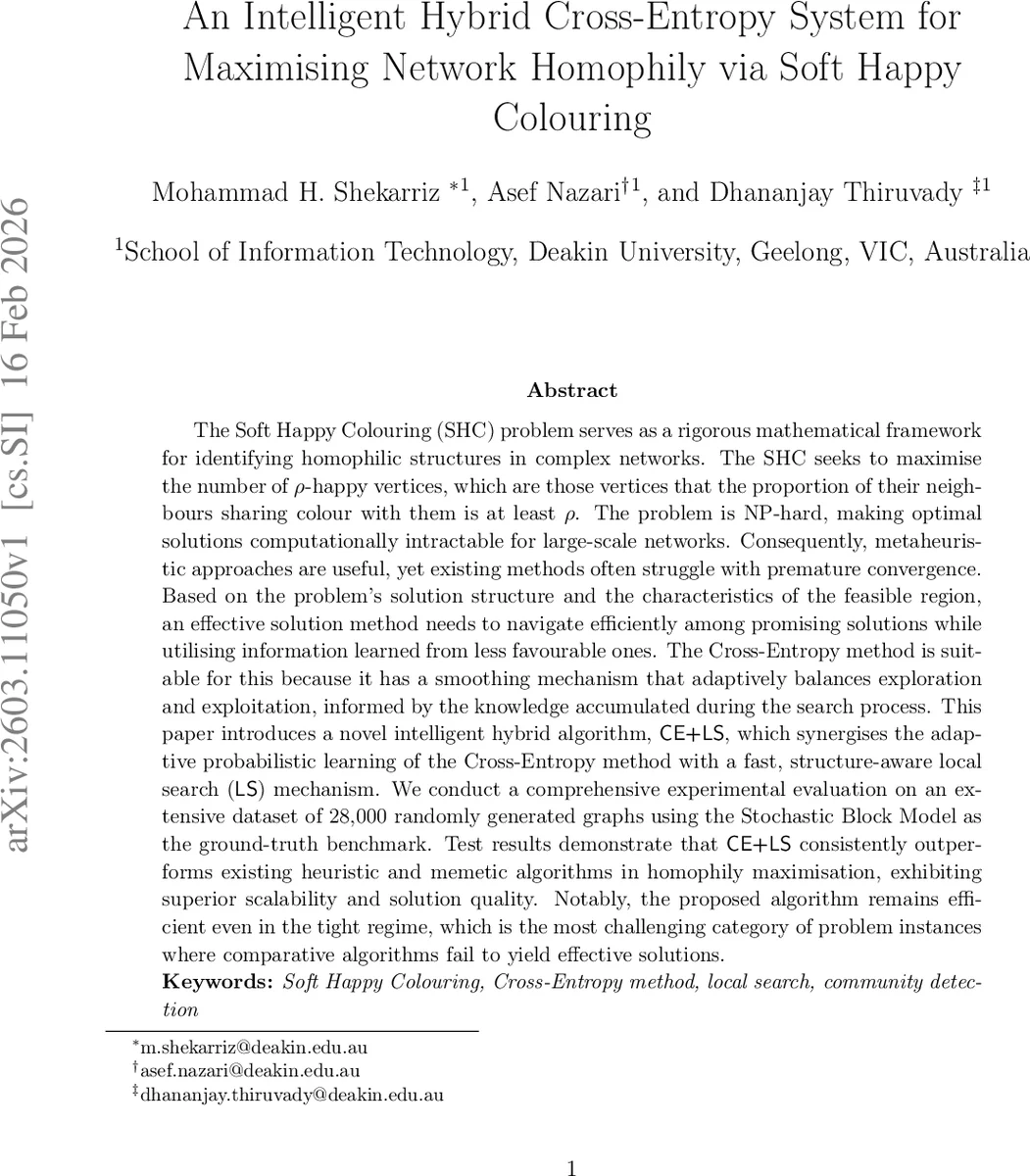 An Intelligent Hybrid Cross-Entropy System for Maximising Network Homophily via Soft Happy Colouring