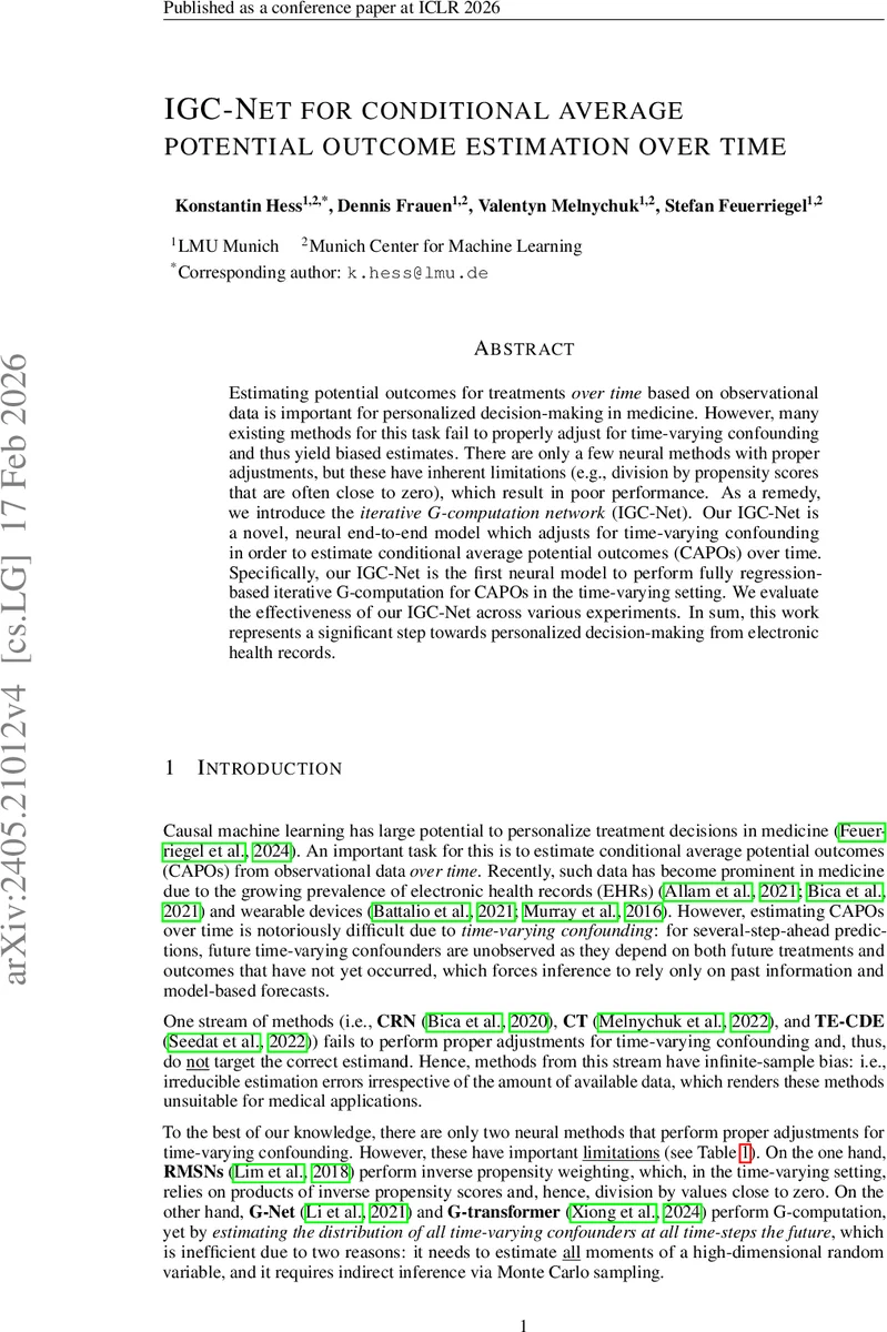 IGC-Net for conditional average potential outcome estimation over time