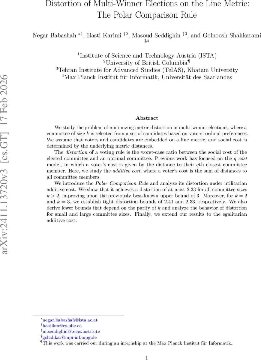 Distortion of Multi-Winner Elections on the Line Metric: The Polar Comparison Rule