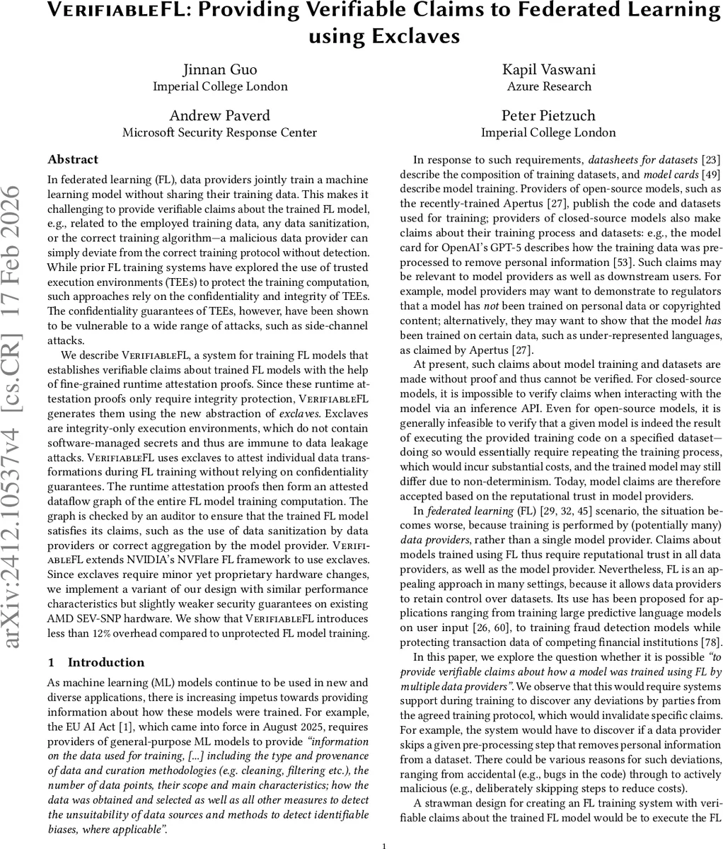 VerifiableFL: Verifiable Claims for Federated Learning using Exclaves