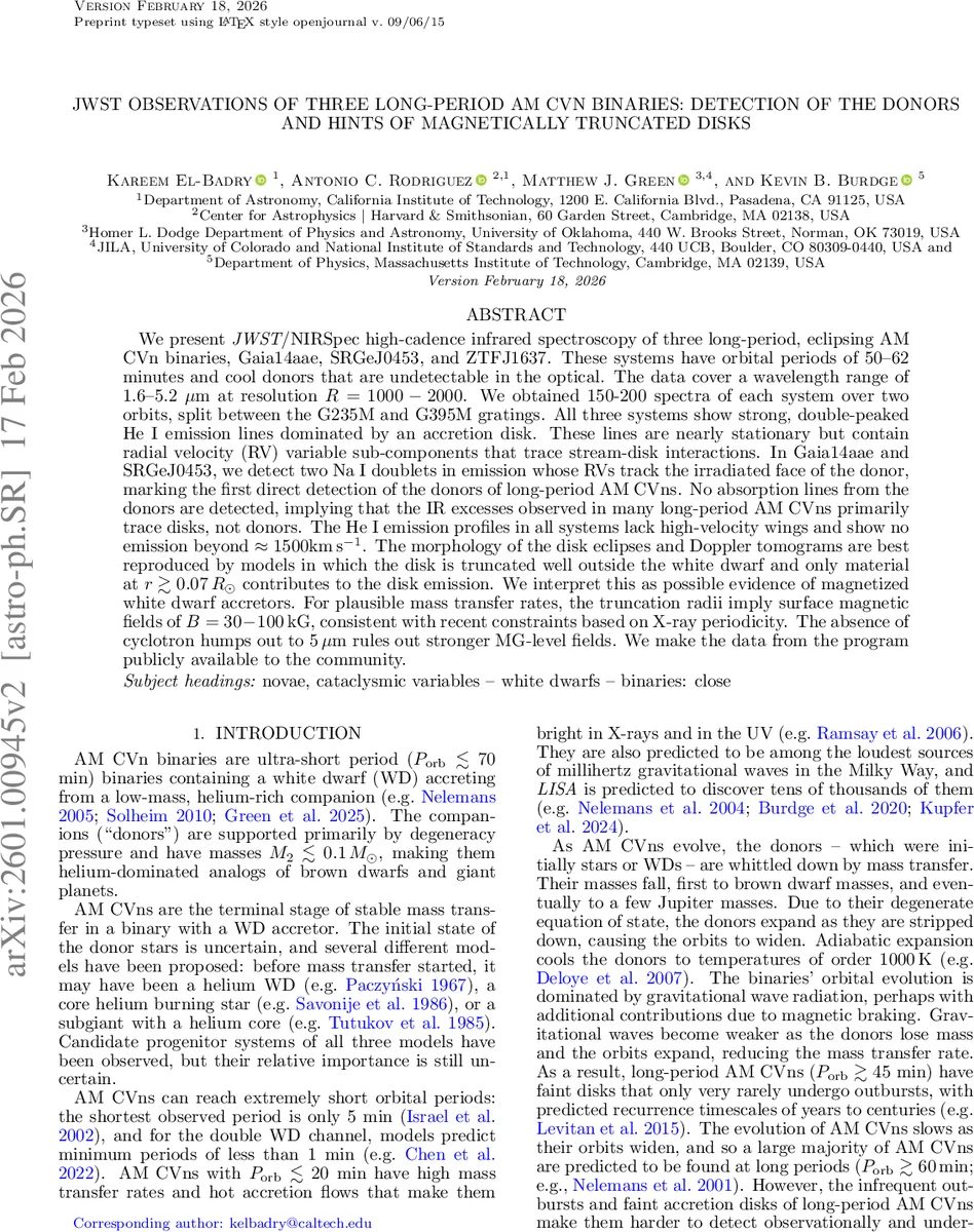 JWST observations of three long-period AM CVn binaries: detection of the donors and hints of magnetically truncated disks
