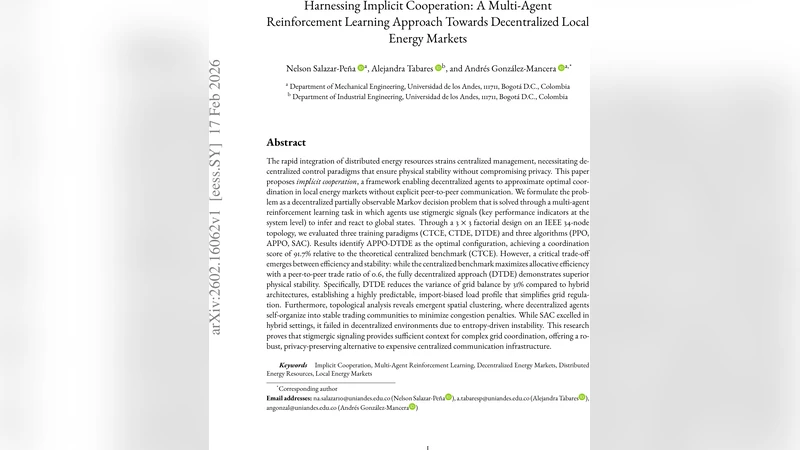 Harnessing Implicit Cooperation: A Multi-Agent Reinforcement Learning Approach Towards Decentralized Local Energy Markets