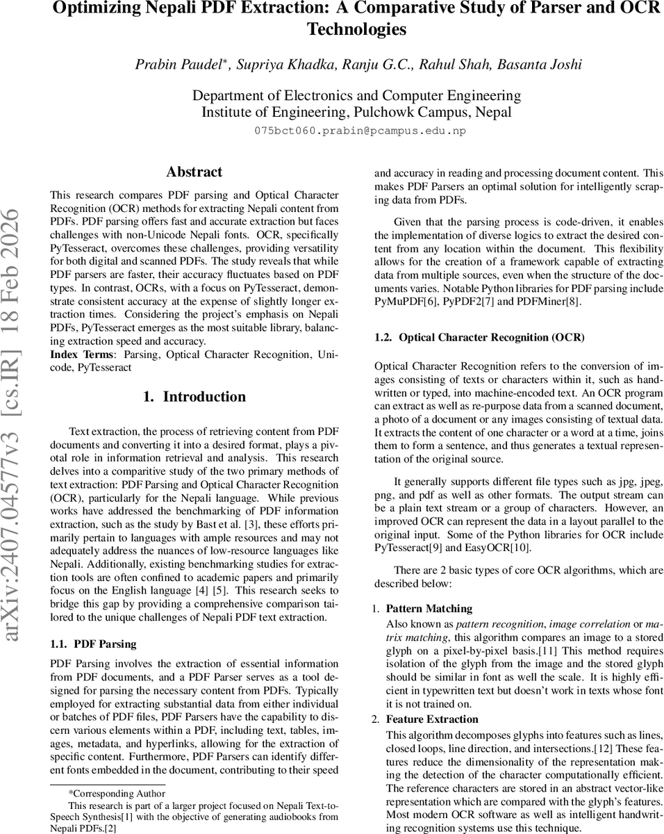 Optimizing Nepali PDF Extraction: A Comparative Study of Parser and OCR Technologies