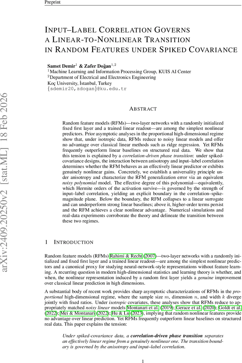 Input-Label Correlation Governs a Linear-to-Nonlinear Transition in Random Features under Spiked Covariance