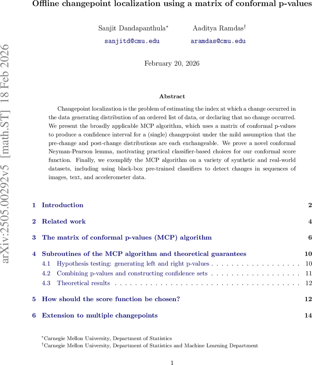 Offline changepoint localization using a matrix of conformal p-values