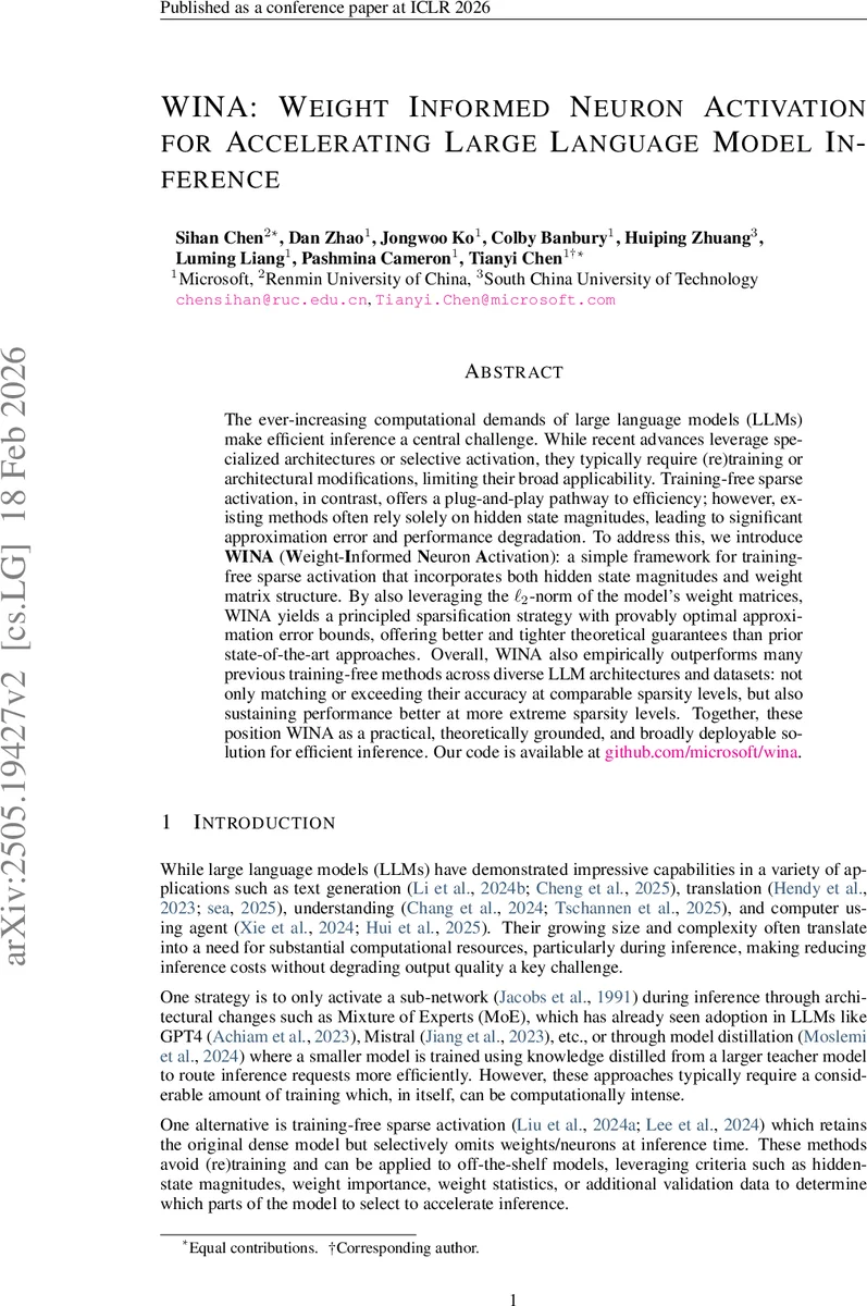 WINA: Weight Informed Neuron Activation for Accelerating Large Language Model Inference