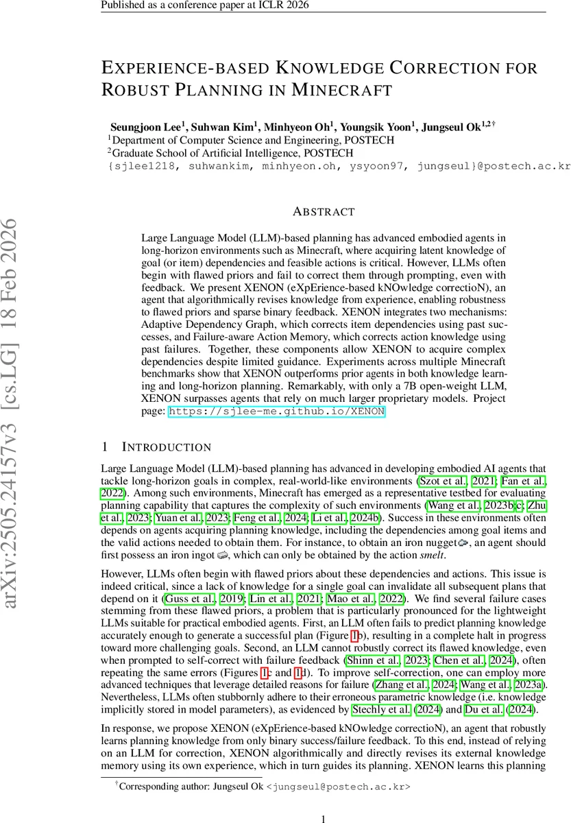 Experience-based Knowledge Correction for Robust Planning in Minecraft