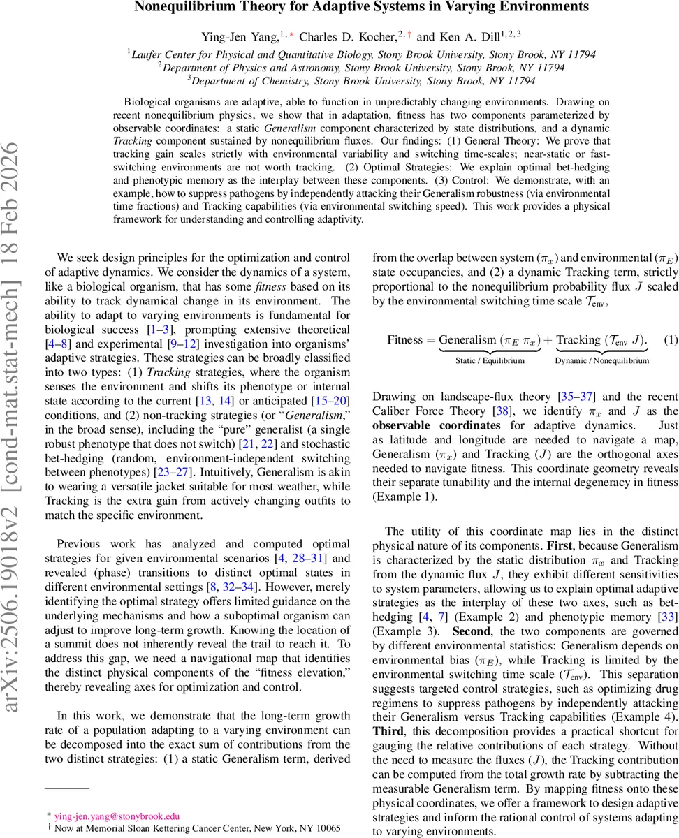 Nonequilibrium Theory for Adaptive Systems in Varying Environments
