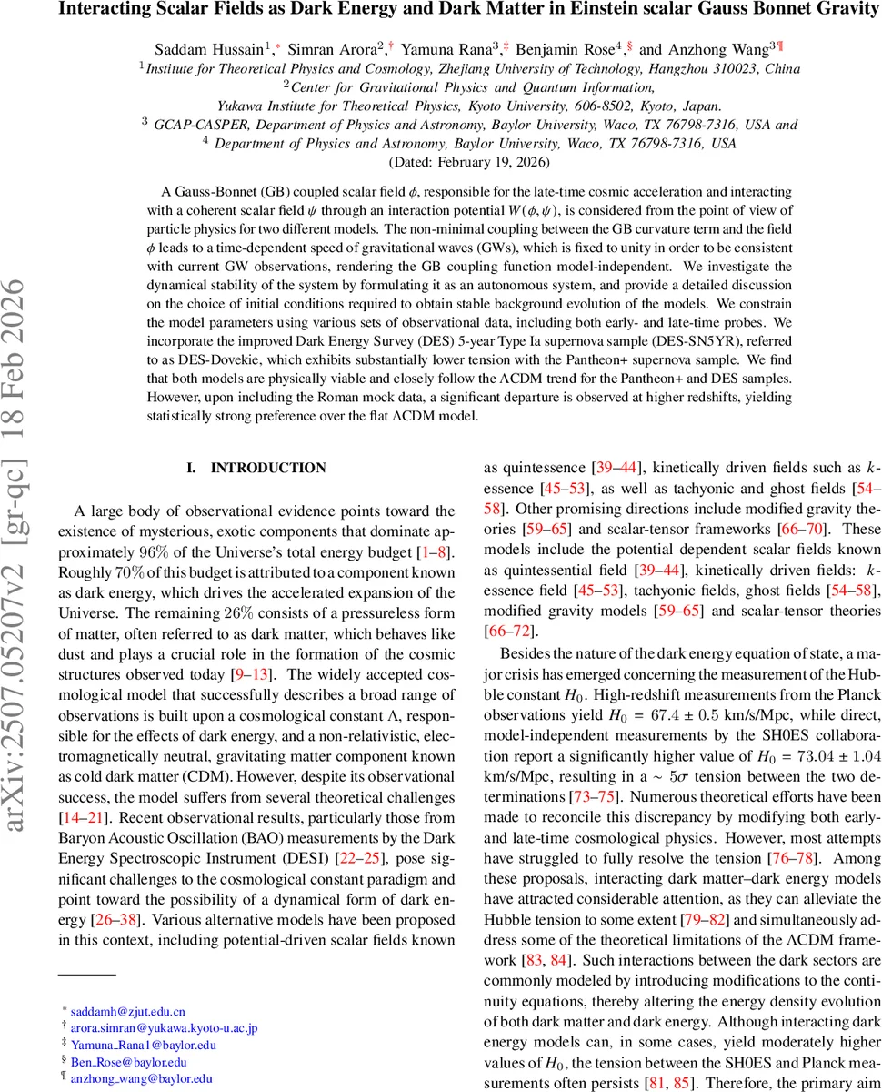 Interacting Scalar Fields as Dark Energy and Dark Matter in Einstein scalar Gauss Bonnet Gravity