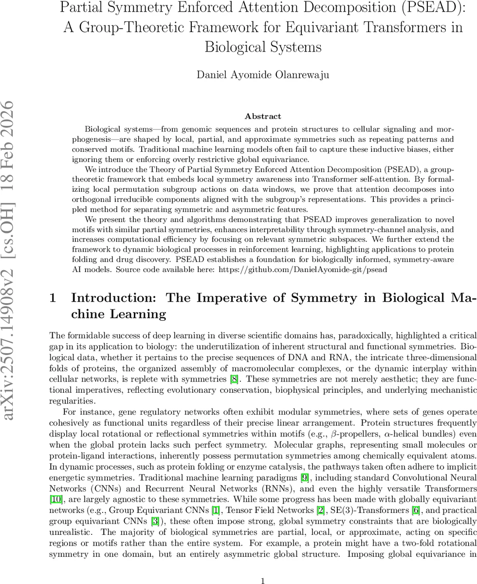 Partial Symmetry Enforced Attention Decomposition (PSEAD): A Group-Theoretic Framework for Equivariant Transformers in Biological Systems