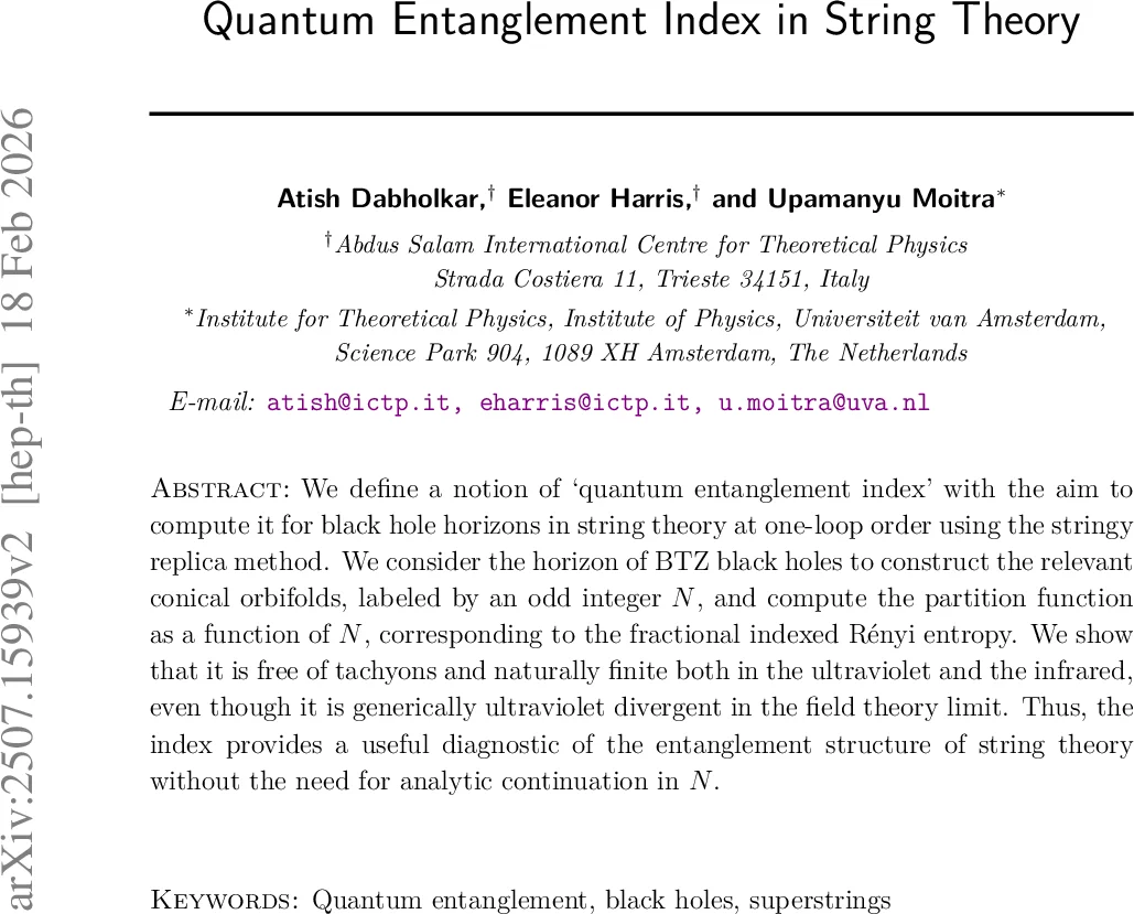Quantum Entanglement Index in String Theory